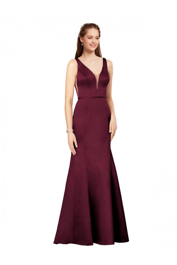 Site de Comprimento Chão Sem Mangas Cetim Borgonha Bainha Vestidos de Madrinha / Vestidos de Noite / Vestidos de Festa