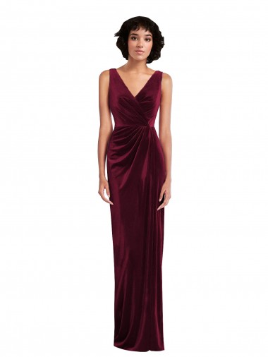 Site de Comprimento Chão Sem Mangas Veludo Elástico Borgonha Bainha Vestidos de Madrinha / Vestidos de Festa