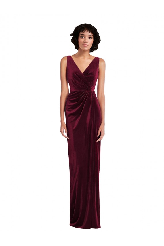 Site de Comprimento Chão Sem Mangas Veludo Elástico Borgonha Bainha Vestidos de Madrinha / Vestidos de Festa