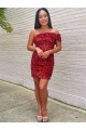 Site de Curto Sem Mangas Lantejoulas Veludo Borgonha Bainha Sem Mangas Um Ombro Vestidos de Festa