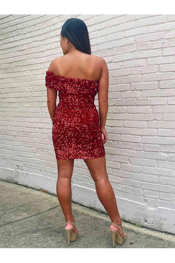 Site de Curto Sem Mangas Lantejoulas Veludo Borgonha Bainha Sem Mangas Um Ombro Vestidos de Festa