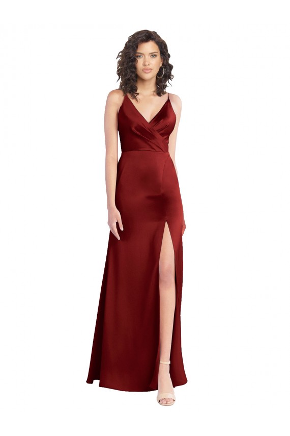 Site de Comprimento Chão Sem Mangas Cetim Elástico Borgonha Linha A Vestido de Madrinha / Vestido de Baile