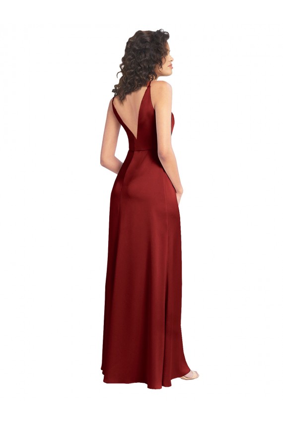 Site de Comprimento Chão Sem Mangas Cetim Elástico Borgonha Linha A Vestido de Madrinha / Vestido de Baile