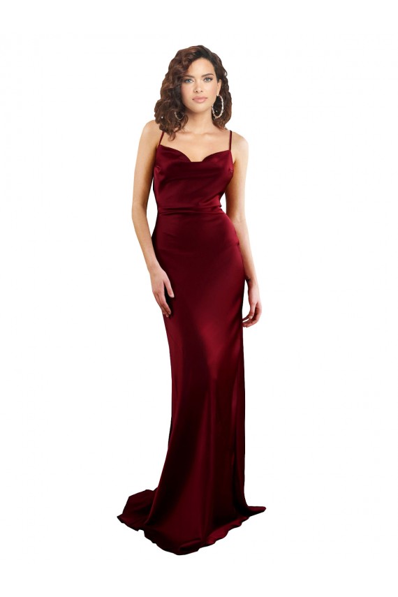 Site de Comprimento Chão Sem Mangas Cetim Sedoso Borgonha Bainha Vestido de Madrinha / Vestido de Noite / Vestido de Festa
