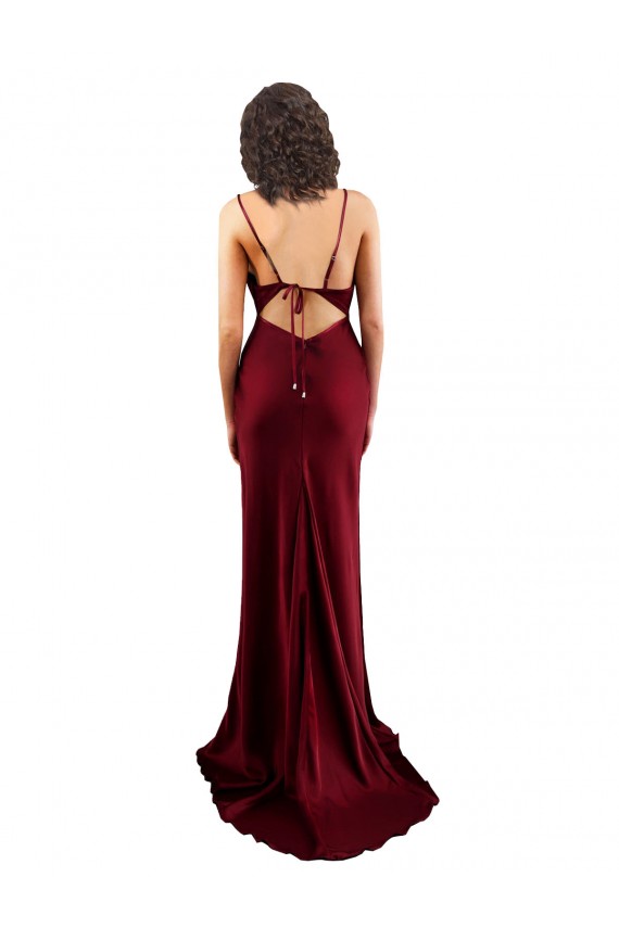 Site de Comprimento Chão Sem Mangas Cetim Sedoso Borgonha Bainha Vestido de Madrinha / Vestido de Noite / Vestido de Festa