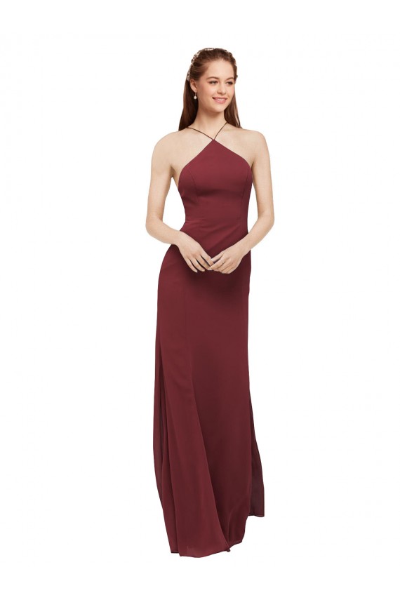 Site de Comprimento Chão Sem Mangas Chiffon Borgonha Bainha Sem Mangas Cabeçada Longo Abrir de volta Vestidos de Madrinha