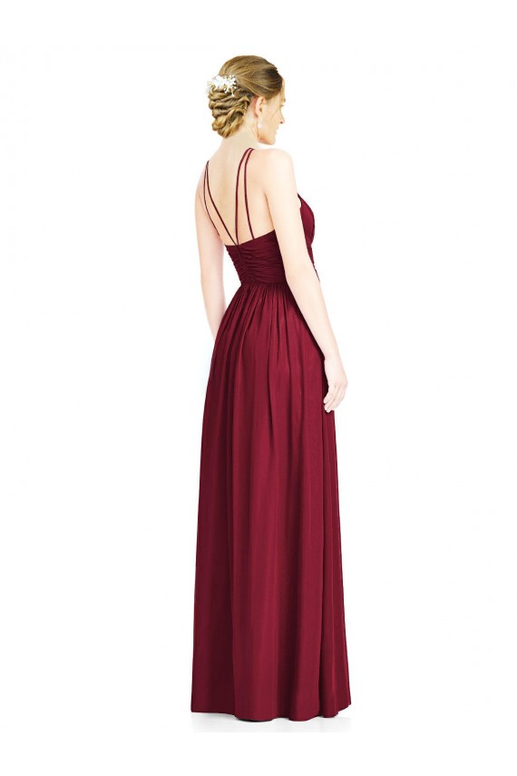 Site de Comprimento Chão Sem Mangas Chiffon Borgonha Linha A Sem Mangas Cabeçada Vestido de Festa / Vestido de Madrinha