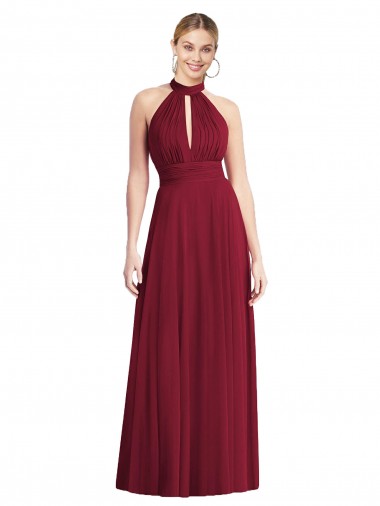 Site de Comprimento Chão Sem Mangas Chiffon Borgonha Linha A Sem Mangas Cabeçada Vestidos de Madrinha