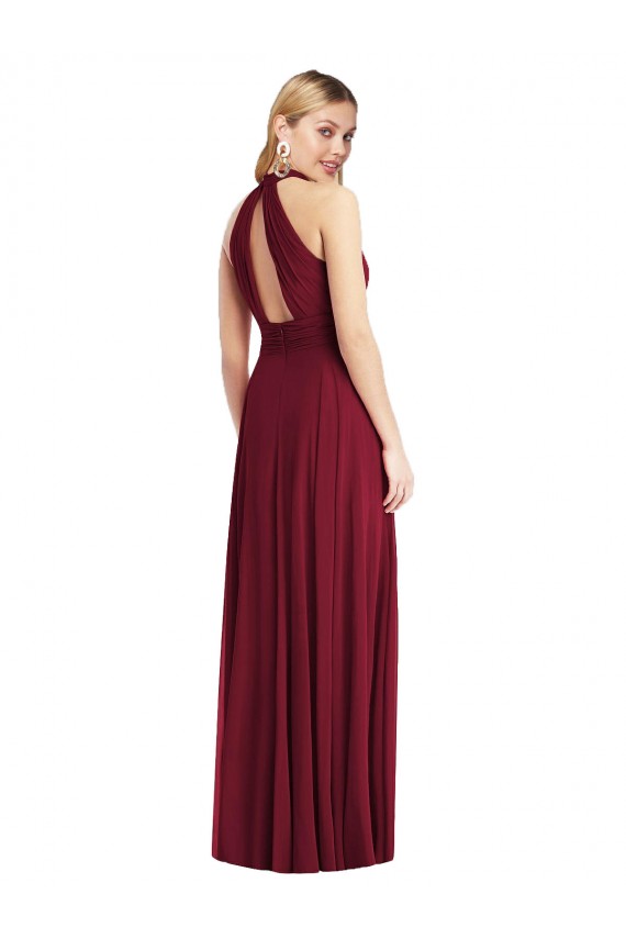 Site de Comprimento Chão Sem Mangas Chiffon Borgonha Linha A Sem Mangas Cabeçada Vestidos de Madrinha