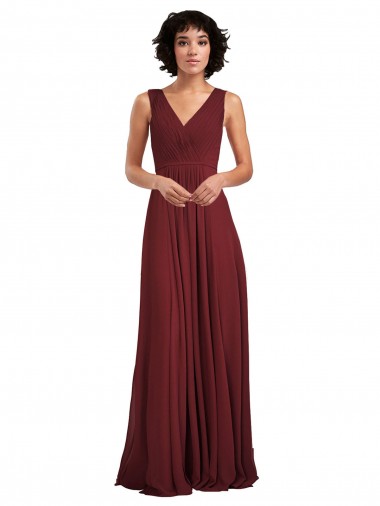 Site de Comprimento Chão Sem Mangas Chiffon Borgonha Linha A Sem Mangas Vestidos de Festa