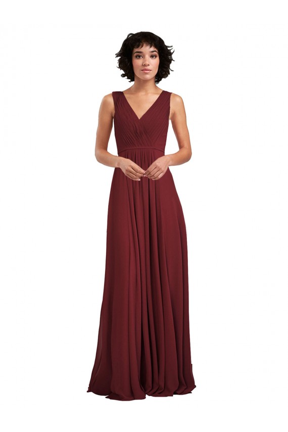 Site de Comprimento Chão Sem Mangas Chiffon Borgonha Linha A Sem Mangas Vestidos de Festa