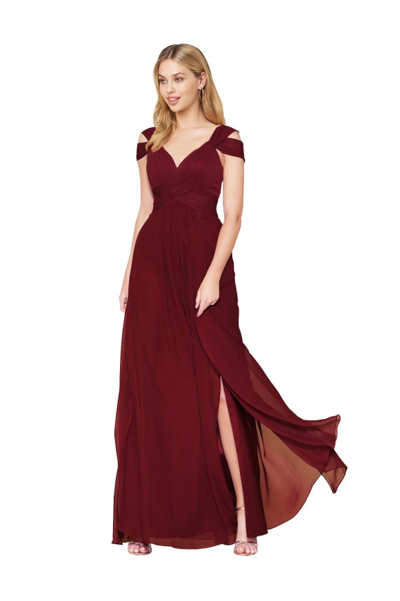 Site de Comprimento Chão Sem Mangas Chiffon Borgonha Linha A Sem Mangas Amor Vestidos de Madrinha / Vestidos de Noite / Vestidos de Festa