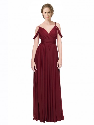 Site de Comprimento Chão Sem Mangas Chiffon Borgonha Linha A Sem Mangas Fora do Ombro Vestidos de Madrinha