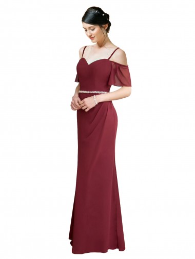Site de Comprimento Chão Ombro Frio Chiffon Borgonha Linha A Vestidos de Madrinha