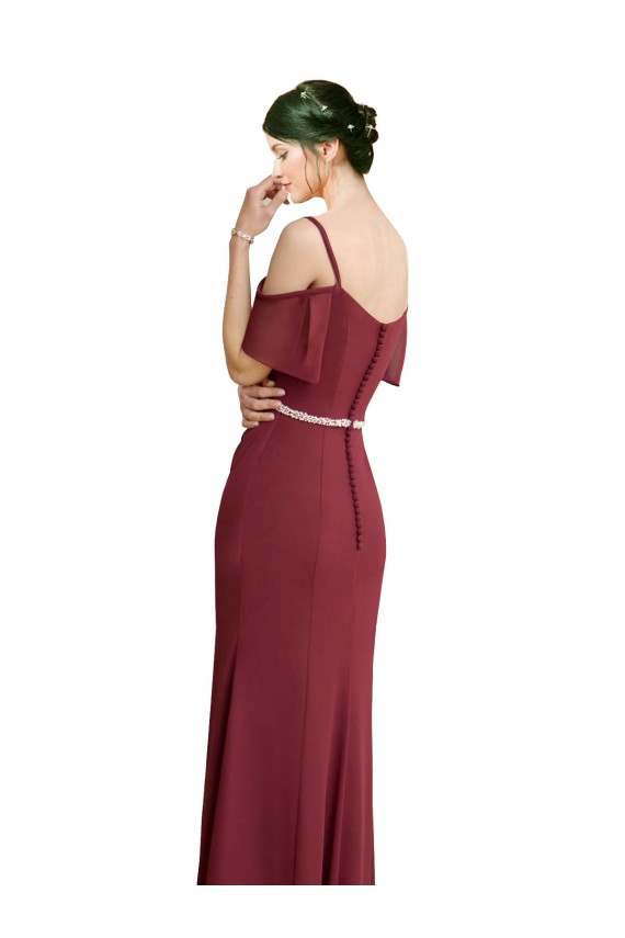 Site de Comprimento Chão Ombro Frio Chiffon Borgonha Linha A Vestidos de Madrinha