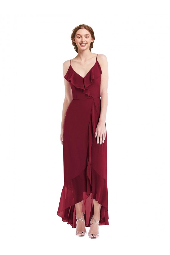 Site de Alto Baixo Sem Mangas Chiffon Borgonha Linha A Sem Mangas Alças finas Alto Baixo, Vestidos de Madrinha