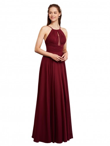 Site de Comprimento Chão Sem Mangas Chiffon Borgonha Linha A Sem Mangas Alças finas Vestido de Madrinha