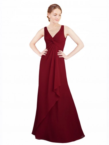 Site de Comprimento Chão Sem Mangas Chiffon Borgonha Linha A Vestido de Festa / Vestido de Madrinha