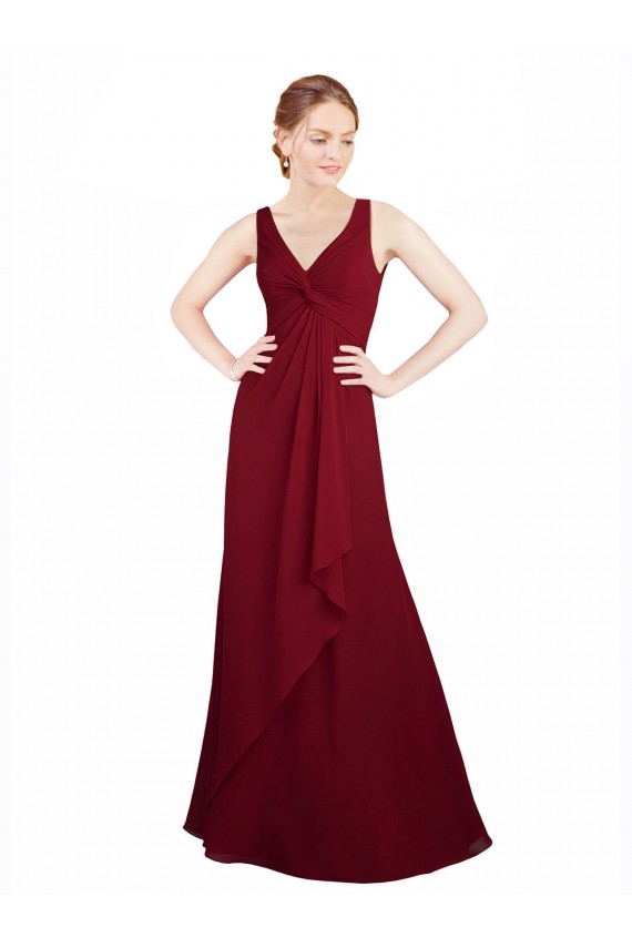 Site de Comprimento Chão Sem Mangas Chiffon Borgonha Linha A Vestido de Festa / Vestido de Madrinha