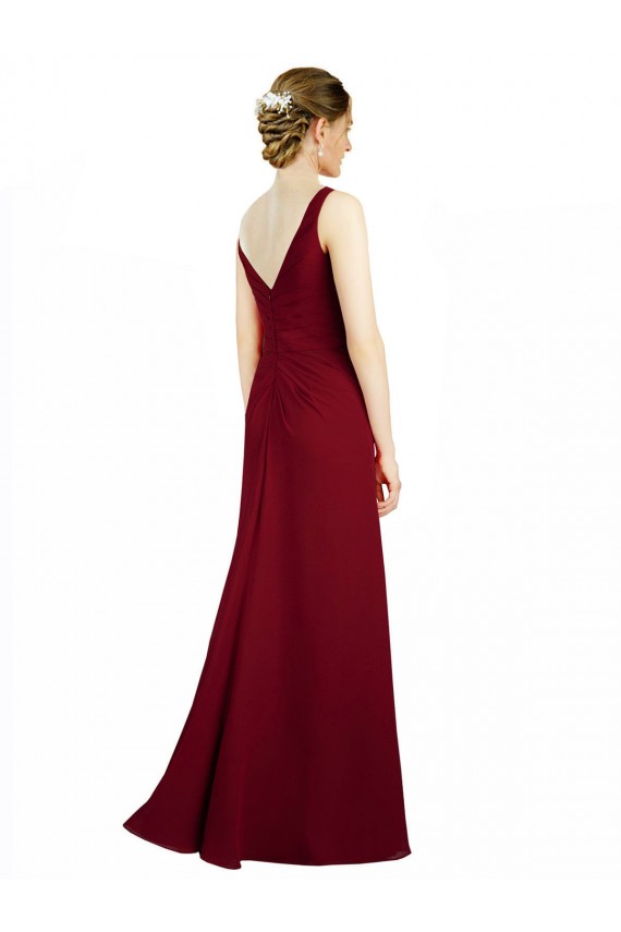Site de Comprimento Chão Sem Mangas Chiffon Borgonha Linha A Vestido de Festa / Vestido de Madrinha
