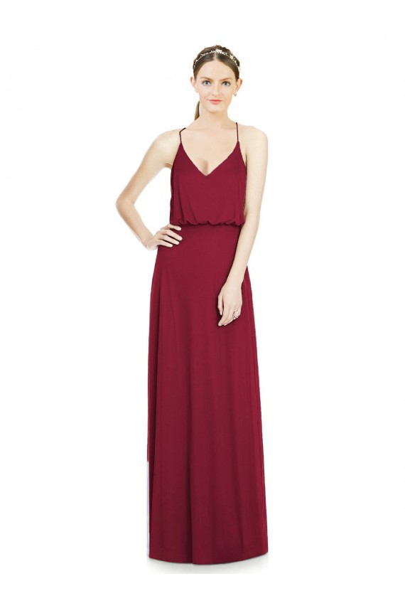 Site de Comprimento Chão Sem Mangas Chiffon Borgonha Linha A Sem Mangas Decote V Vestidos de Madrinha
