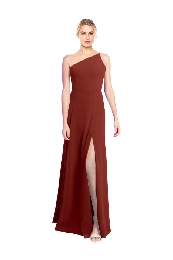 Site de Comprimento Chão Sem Mangas Chiffon Borgonha Linha A Sem Mangas Um Ombro Vestido de Madrinha