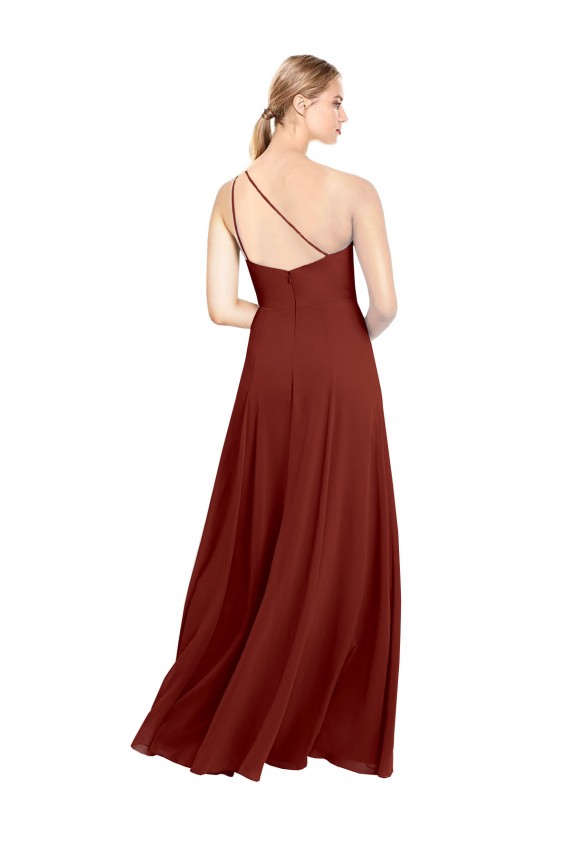 Site de Comprimento Chão Sem Mangas Chiffon Borgonha Linha A Sem Mangas Um Ombro Vestido de Madrinha