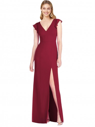 Site de Comprimento Chão Mangas Folhos Chiffon Borgonha Sereia Vestidos de Madrinha