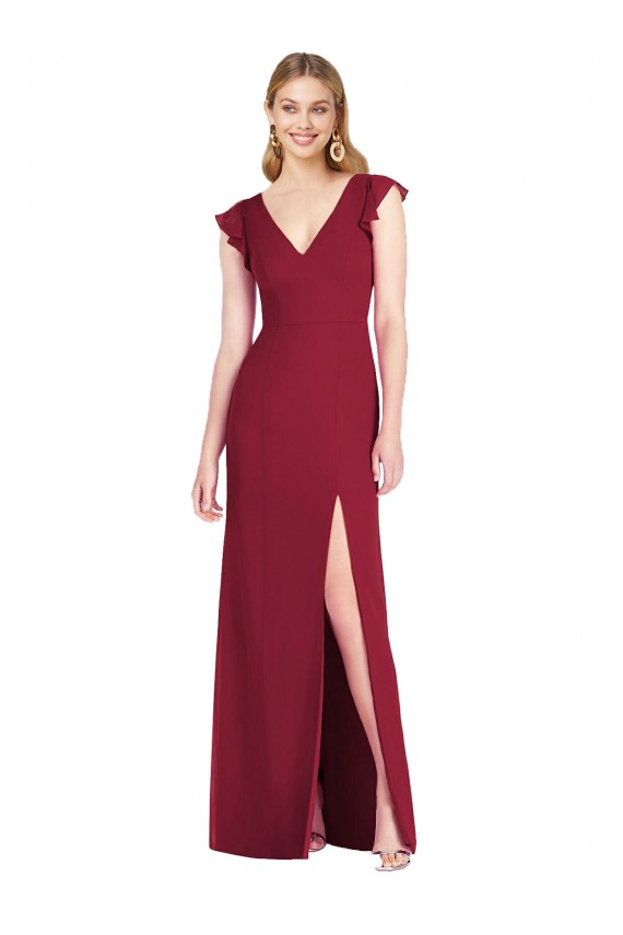 Site de Comprimento Chão Mangas Folhos Chiffon Borgonha Sereia Vestidos de Madrinha