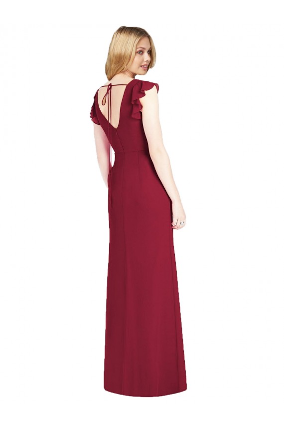 Site de Comprimento Chão Mangas Folhos Chiffon Borgonha Sereia Vestidos de Madrinha