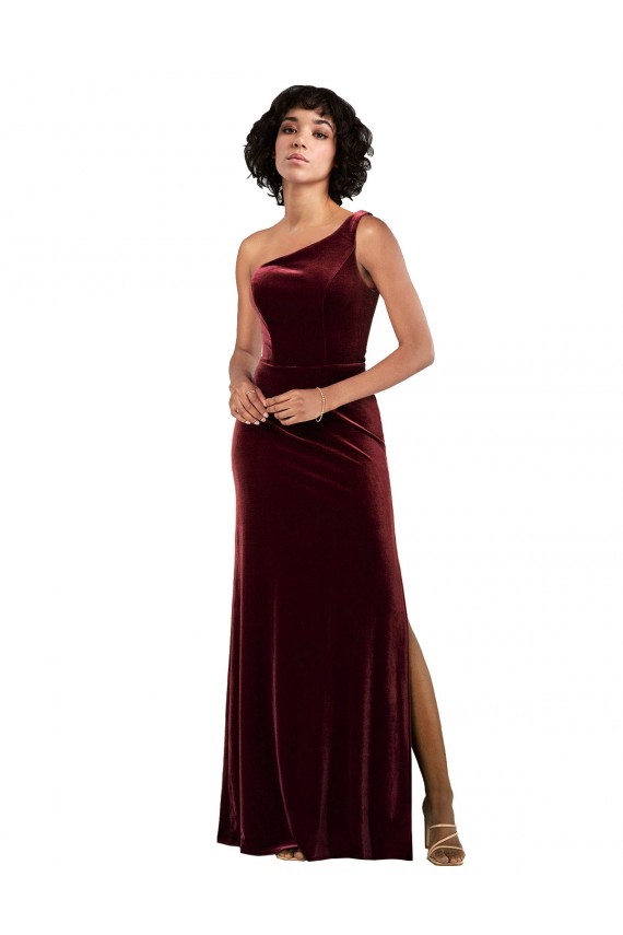 Site de Comprimento Chão Sem Mangas Veludo Elástico Borgonha Coluna Vestidos de Madrinha / Vestidos de Noite / Vestidos de Festa