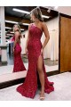 Site de Comboio Varredela Sem Mangas Lantejoulas Veludo Borgonha Sereia Vestidos de Festa