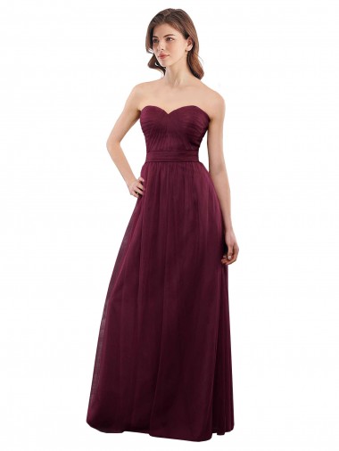 Site de Comprimento Chão Sem Mangas Tule Borgonha Linha A Sem Mangas Amor Vestidos de Madrinha