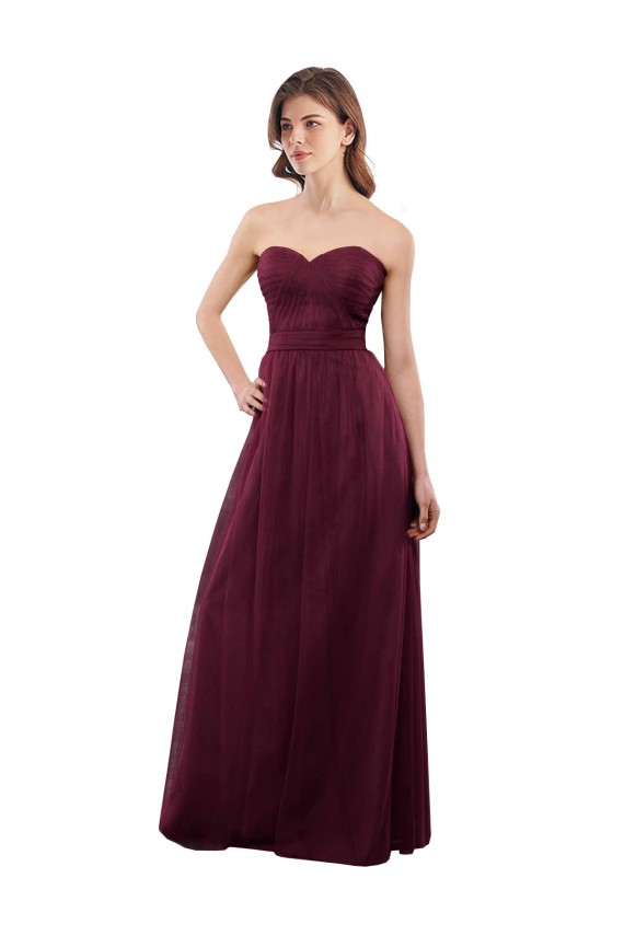 Site de Comprimento Chão Sem Mangas Tule Borgonha Linha A Sem Mangas Amor Vestidos de Madrinha