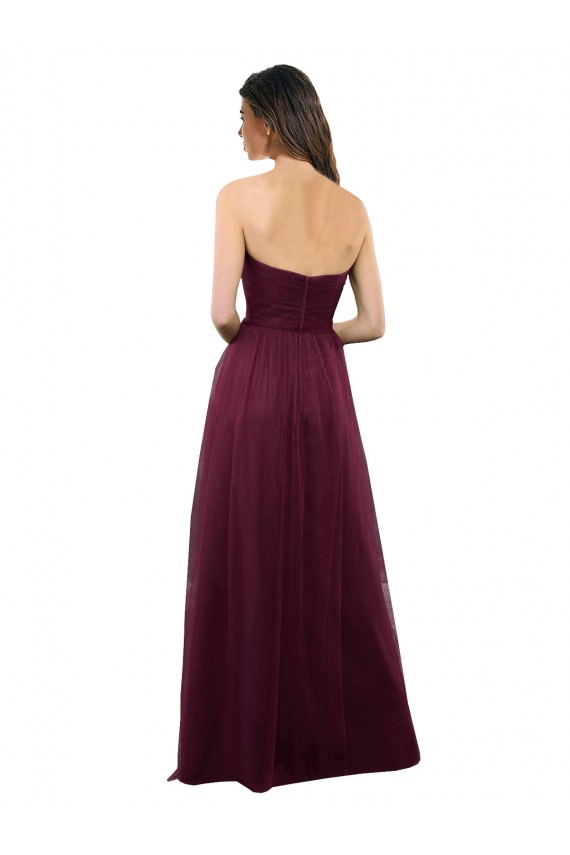 Site de Comprimento Chão Sem Mangas Tule Borgonha Linha A Sem Mangas Amor Vestidos de Madrinha