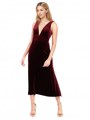 Site de Comprimento Midi Sem Mangas Veludo Elástico Borgonha Linha A Vestidos de Madrinha / Vestidos de Festa / Vestidos de Cocktail / Vestidos de Homecoming