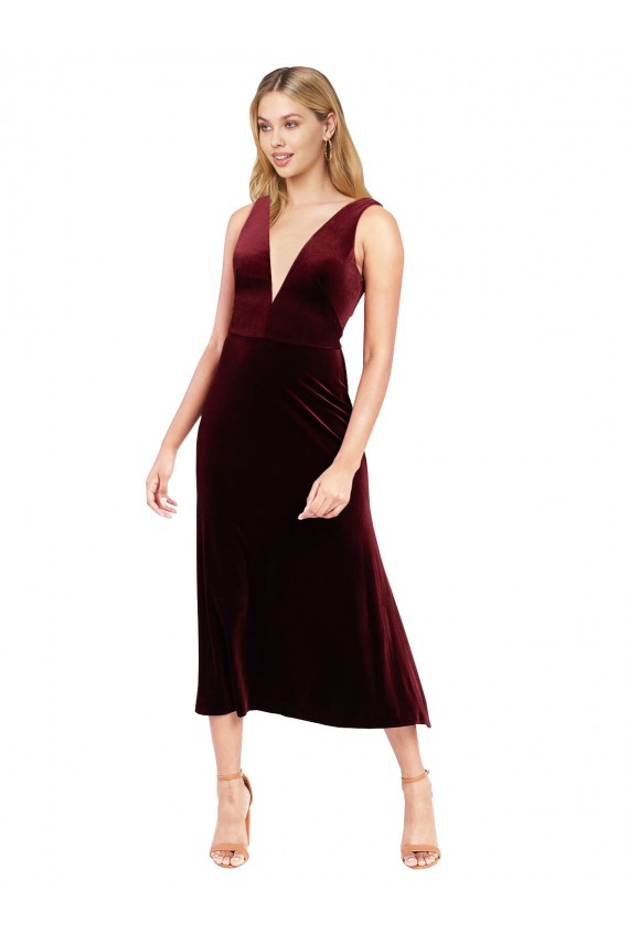 Site de Comprimento Midi Sem Mangas Veludo Elástico Borgonha Linha A Vestidos de Madrinha / Vestidos de Festa / Vestidos de Cocktail / Vestidos de Homecoming