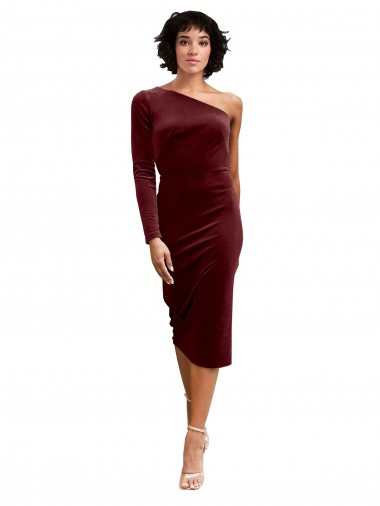 Site de Comprimento Midi Mangas Compridas Veludo Elástico Borgonha Linha A Vestidos de Madrinha / Vestidos de Festa