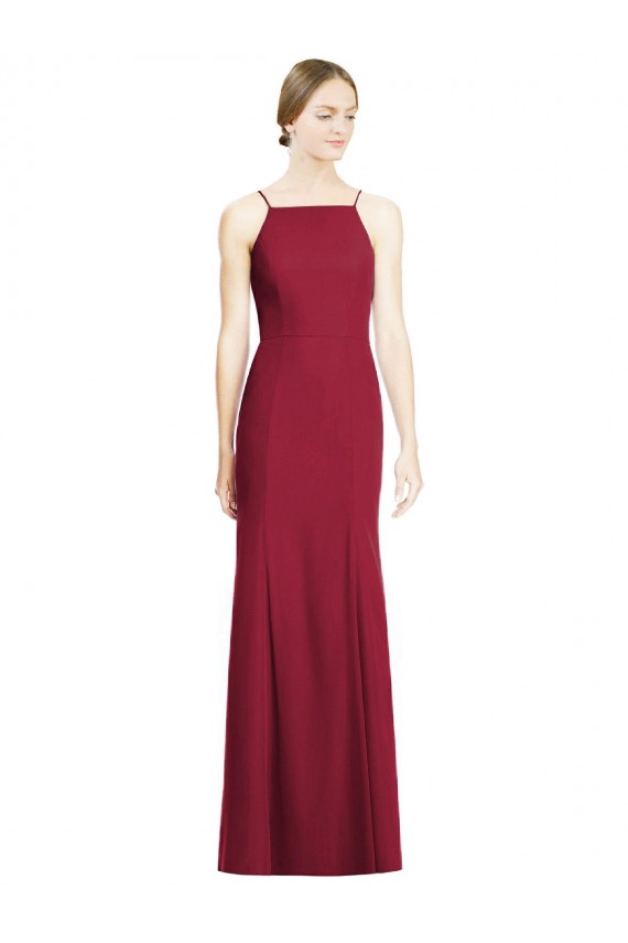 Site de Comprimento Chão Sem Mangas Chiffon Borgonha Sereia Sem Mangas Alças finas Vestidos de Madrinha