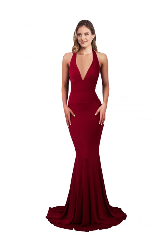 Site de Comprimento Chão Sem Mangas Spandex Borgonha Sereia Vestidos de Madrinha / Vestidos de Noite / Vestidos de Festa