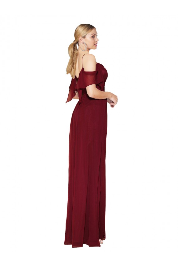 Site de Comprimento Chão Ombro Frio Chiffon Borgonha Trombeta Vestidos de Madrinha / Vestidos de Noite / Vestidos de Festa