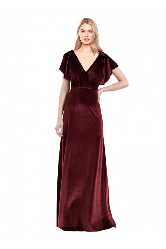 Site de Comprimento Chão Mangas Esvoaçantes Veludo Elástico Borgonha Linha A Mangas Esvoaçantes Vestidos de Madrinha / Vestidos de Festa