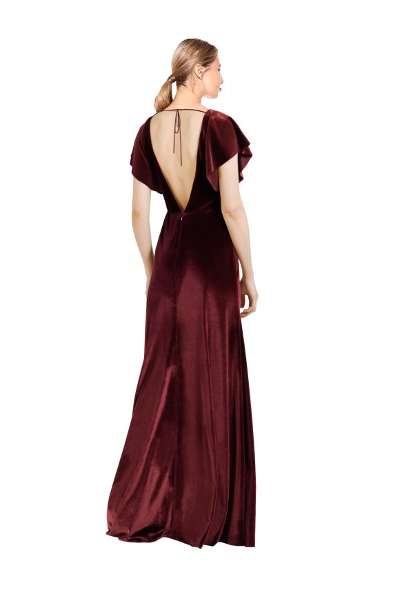 Site de Comprimento Chão Mangas Esvoaçantes Veludo Elástico Borgonha Linha A Mangas Esvoaçantes Vestidos de Madrinha / Vestidos de Festa