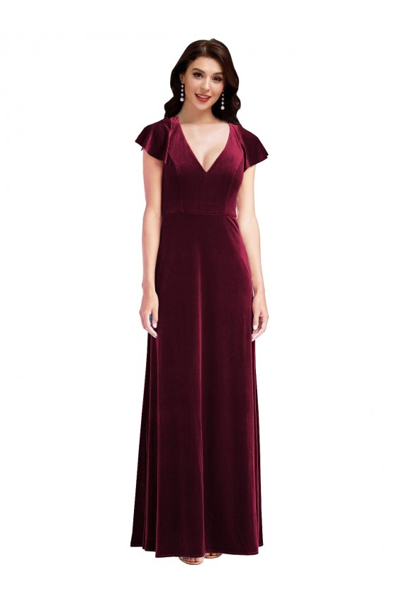 Site de Comprimento Chão Mangas Esvoaçantes Veludo Elástico Borgonha Linha A Vestidos de Madrinha / Vestidos de Festa