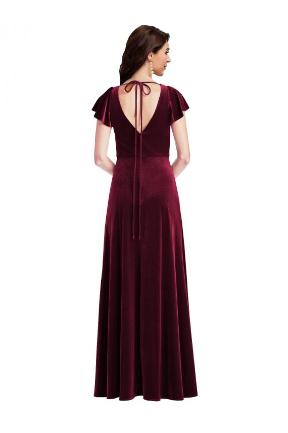 Site de Comprimento Chão Mangas Esvoaçantes Veludo Elástico Borgonha Linha A Vestidos de Madrinha / Vestidos de Festa