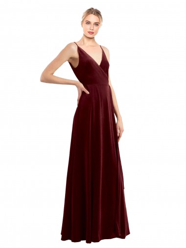 Site de Comprimento Chão Sem Mangas Veludo Elástico Borgonha Linha A Vestidos de Madrinha / Vestidos de Festa / Vestidos de Noite