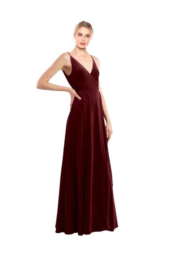 Site de Comprimento Chão Sem Mangas Veludo Elástico Borgonha Linha A Vestidos de Madrinha / Vestidos de Festa / Vestidos de Noite