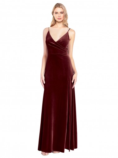 Site de Comprimento Chão Sem Mangas Veludo Elástico Borgonha Linha A Vestidos de Madrinha / Vestidos de Festa