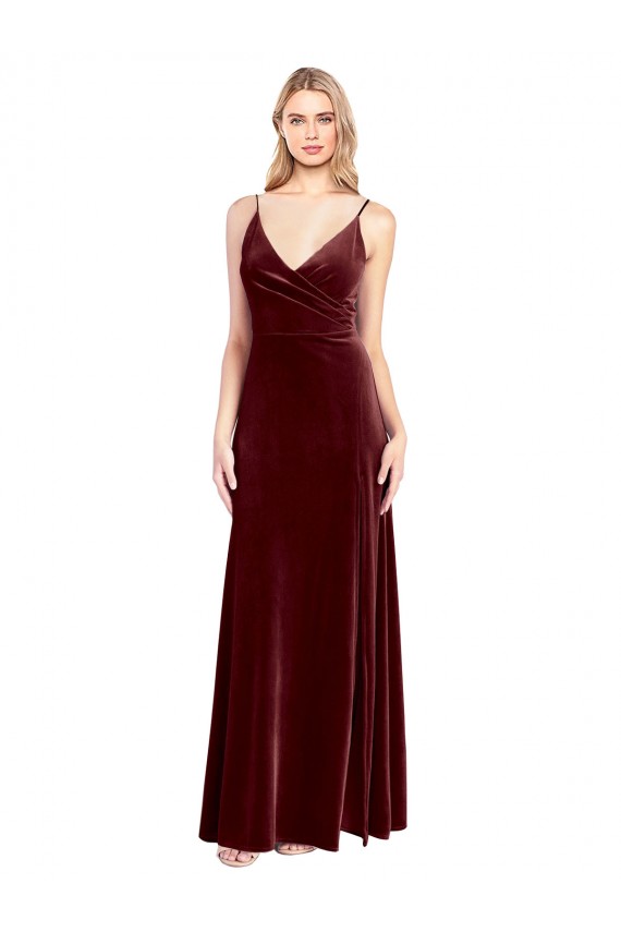 Site de Comprimento Chão Sem Mangas Veludo Elástico Borgonha Linha A Vestidos de Madrinha / Vestidos de Festa