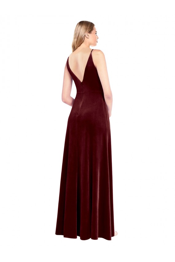 Site de Comprimento Chão Sem Mangas Veludo Elástico Borgonha Linha A Vestidos de Madrinha / Vestidos de Festa